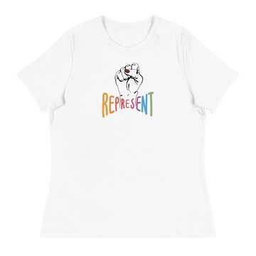 Photo of white Represent Tee. In the middle of the represent tee is a black line drawing of a raised clenched fist, with the handwritten word “represent,” written in upper case rainbow colors.