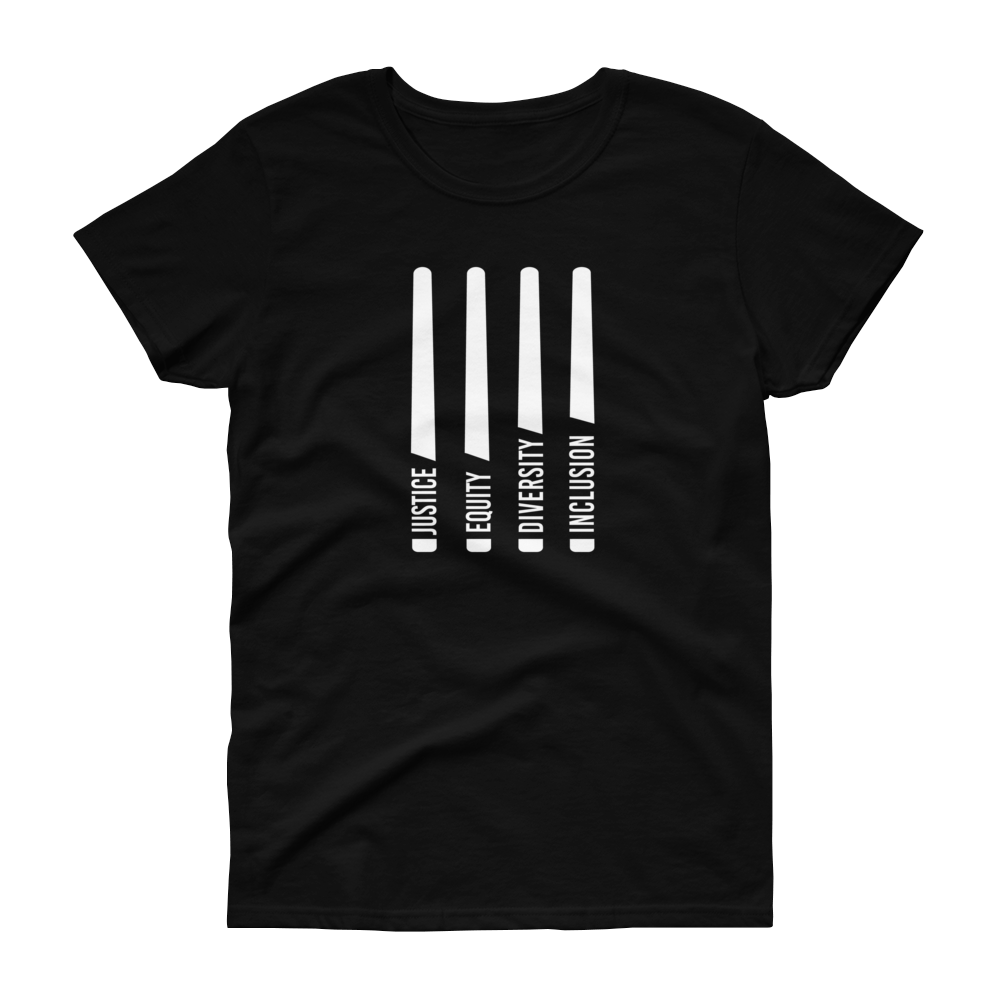 A Justice Equity Diversity Inclusion women's scoop neck t-shirt. Four white laser swords are in the middle of the scoop neck tee. At the bottom of each sword representing the sword handle is one word: Justice Equity Diversity Inclusion. 