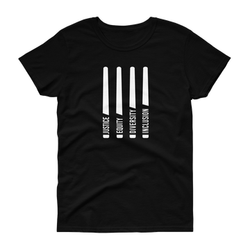 A Justice Equity Diversity Inclusion women's scoop neck t-shirt. Four white laser swords are in the middle of the scoop neck tee. At the bottom of each sword representing the sword handle is one word: Justice Equity Diversity Inclusion. 