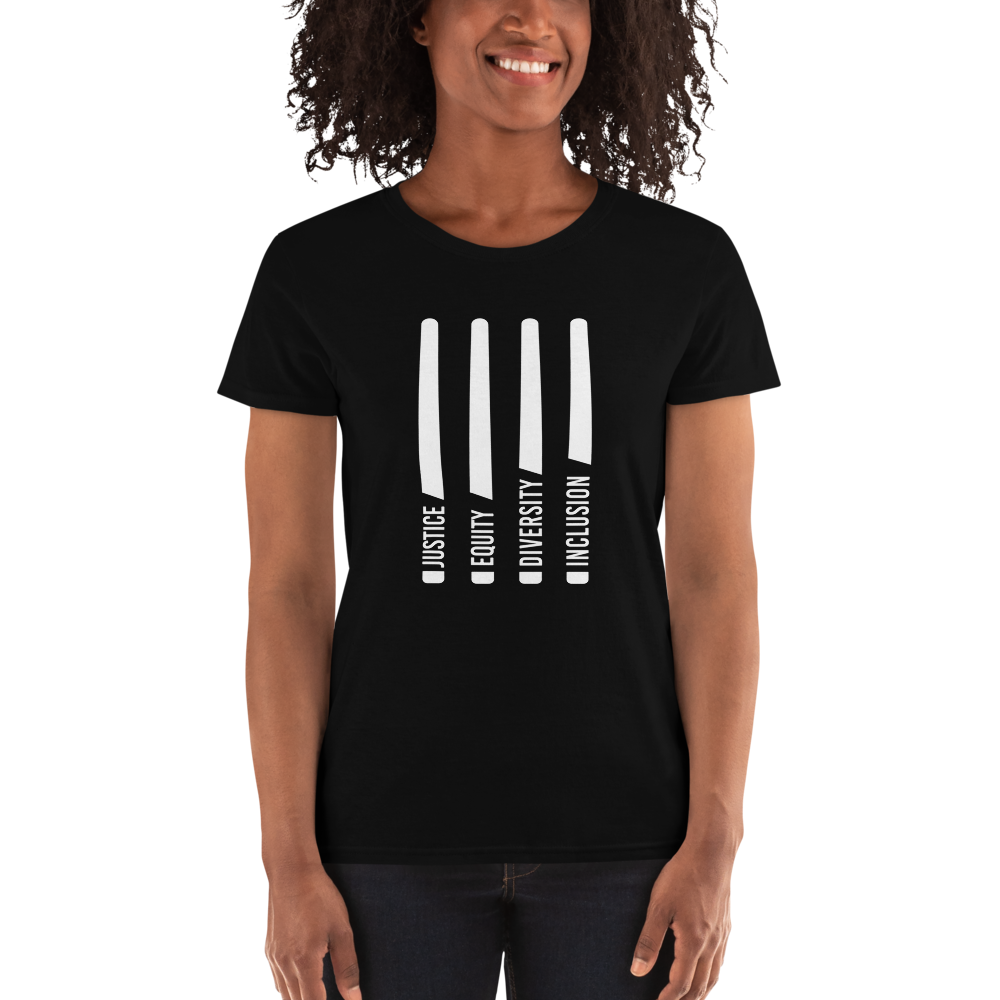 A black Justice Equity Diversity Inclusion women's scoop neck t-shirt. Four white laser swords are in the middle of the scoop neck tee. At the bottom of each sword representing the sword handle is one word: Justice Equity Diversity Inclusion.  The tee is worn by a model.