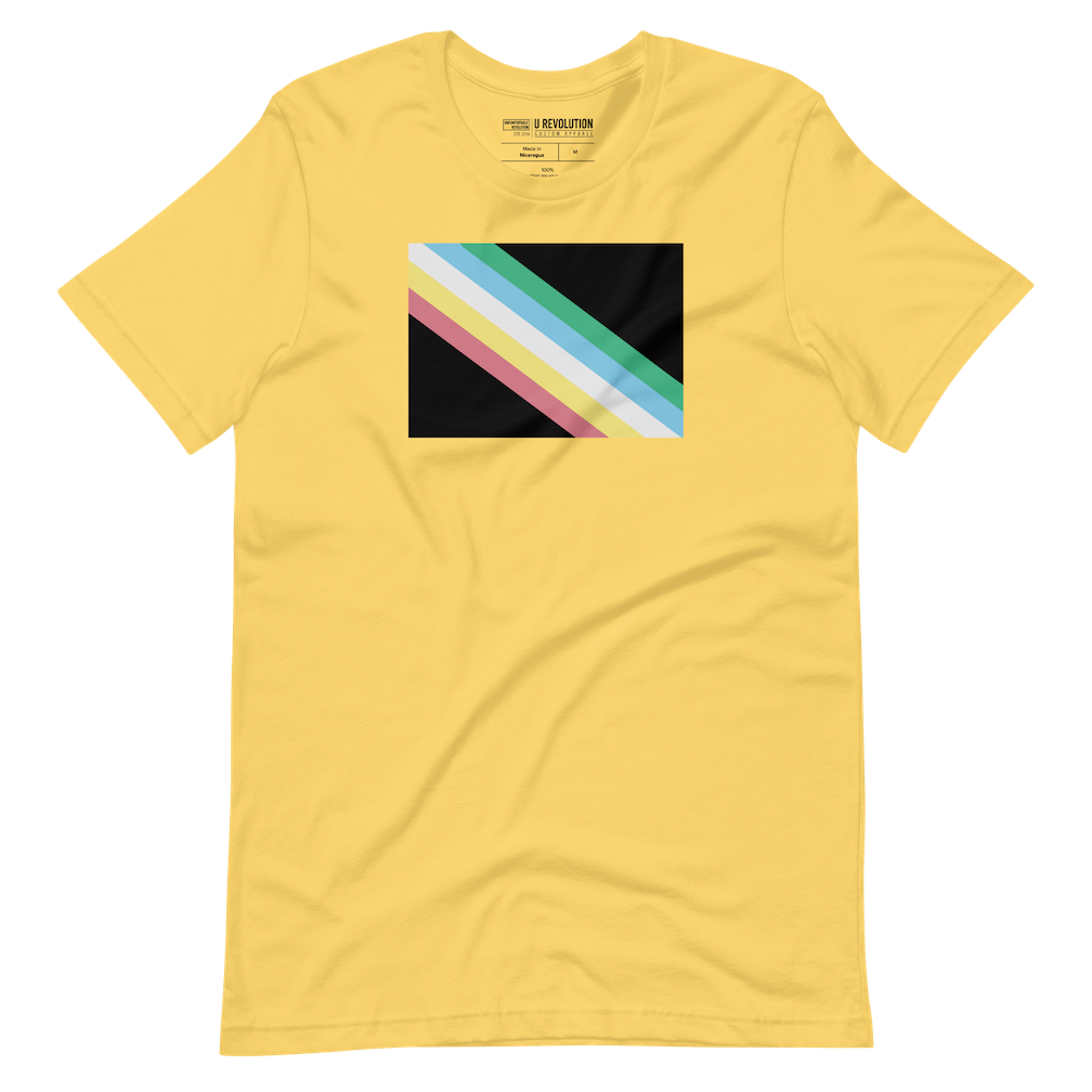 This is an image of a disability pride flag shirt. In the middle of the t-shirt is a dark grey-black background with five diagonal stripes in this order: red, yellow, white, blue, and green (when looking from the bottom up).