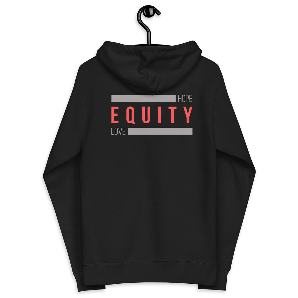 A black unisex Equity zip up hoodie. In the middle of the back of the hoodie, between the shoulders, is the word 'Equity' in upper case red letters. Above and below the word are two thick grey rectangle blocks with the word HOPE printed on the top right-hand side and the word LOVE on the bottom left side of the block. The hoodie is displayed on a hanger.