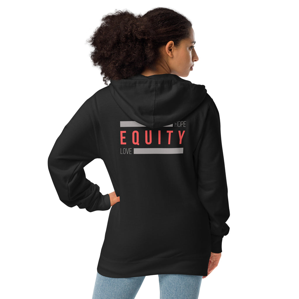 A black unisex Equity zip up hoodie. In the middle of the back of the hoodie, between the shoulders, is the word 'Equity' in upper case red letters. Above and below the word are two thick grey rectangle blocks with the word HOPE printed on the top right-hand side and the word LOVE on the bottom left side of the block. The hoodie is worn by a female model.