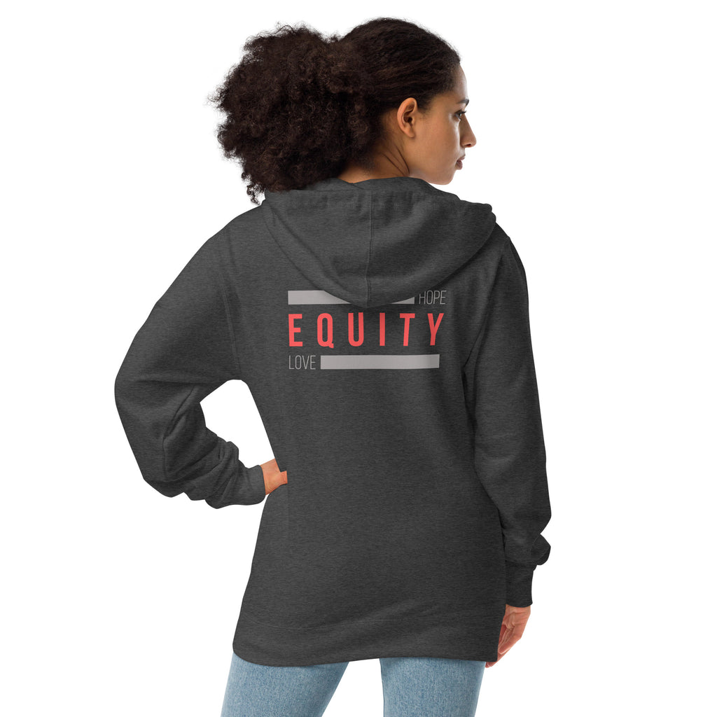 A charcoal heather unisex Equity zip up hoodie. In the middle of the back of the hoodie, between the shoulders, is the word 'Equity' in upper case red letters. Above and below the word are two thick grey rectangle blocks with the word HOPE printed on the top right-hand side and the word LOVE on the bottom left side of the block. The hoodie is worn by a female model.