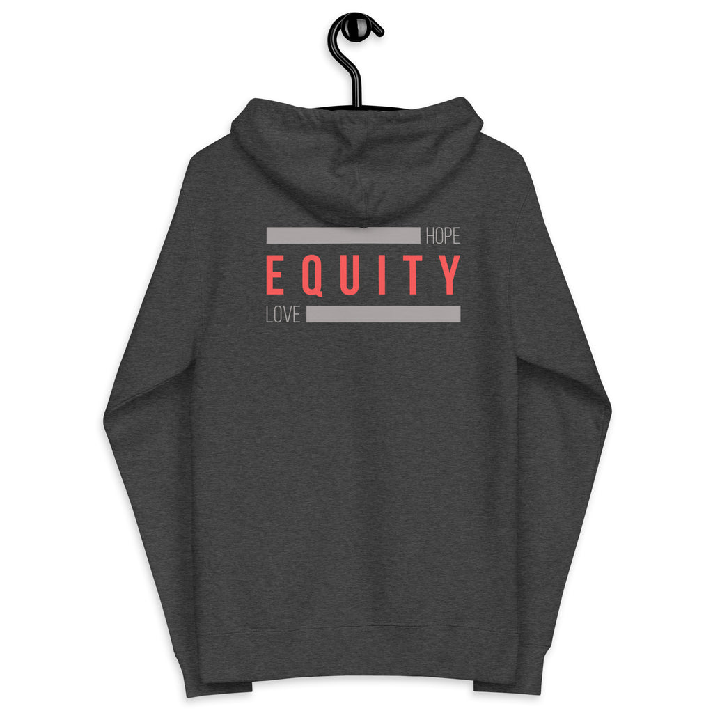 A charcoal heather unisex Equity zip up hoodie. In the middle of the back of the hoodie, between the shoulders, is the word 'Equity' in upper case red letters. Above and below the word are two thick grey rectangle blocks with the word HOPE printed on the top right-hand side and the word LOVE on the bottom left side of the block. The hoodie is displayed on a black hanger.