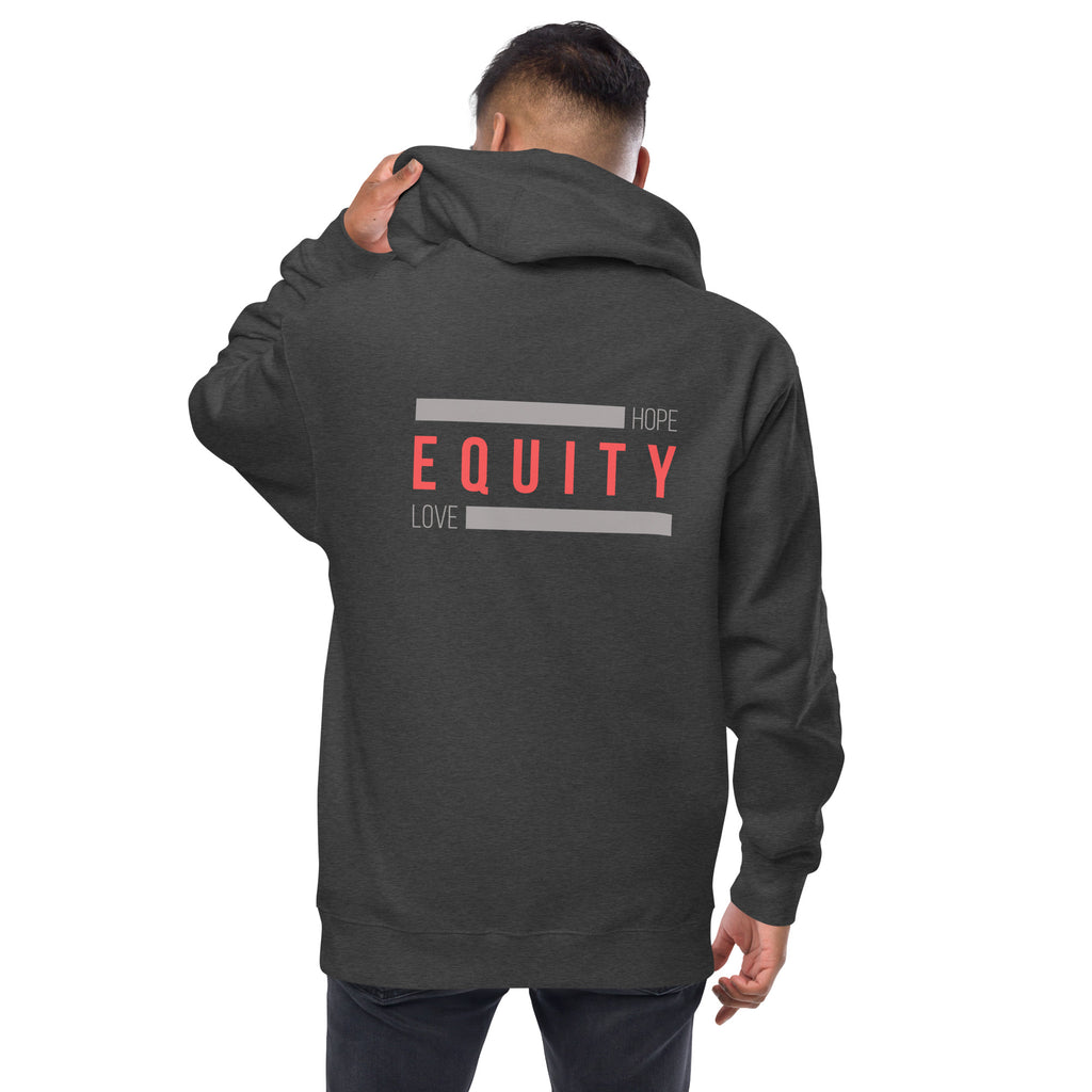 A charcoal heather unisex Equity zip up hoodie. In the middle of the back of the hoodie, between the shoulders, is the word 'Equity' in upper case red letters. Above and below the word are two thick grey rectangle blocks with the word HOPE printed on the top right-hand side and the word LOVE on the bottom left side of the block. The zip-up hoodie is worn by a male model.