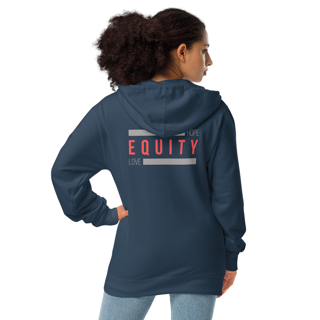 A navy unisex Equity zip up hoodie. In the middle of the back of the hoodie, between the shoulders, is the word 'Equity' in upper case red letters. Above and below the word are two thick grey rectangle blocks with the word HOPE printed on the top right-hand side and the word LOVE on the bottom left side of the block. The hoodie is worn by a female model.
