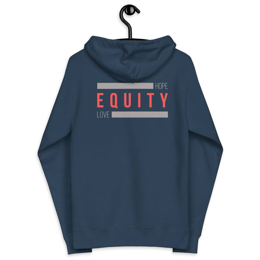 A navy unisex Equity zip up hoodie. In the middle of the back of the hoodie, between the shoulders, is the word 'Equity' in upper case red letters. Above and below the word are two thick grey rectangle blocks with the word HOPE printed on the top right-hand side and the word LOVE on the bottom left side of the block. The hoodie is displayed on a hanger.