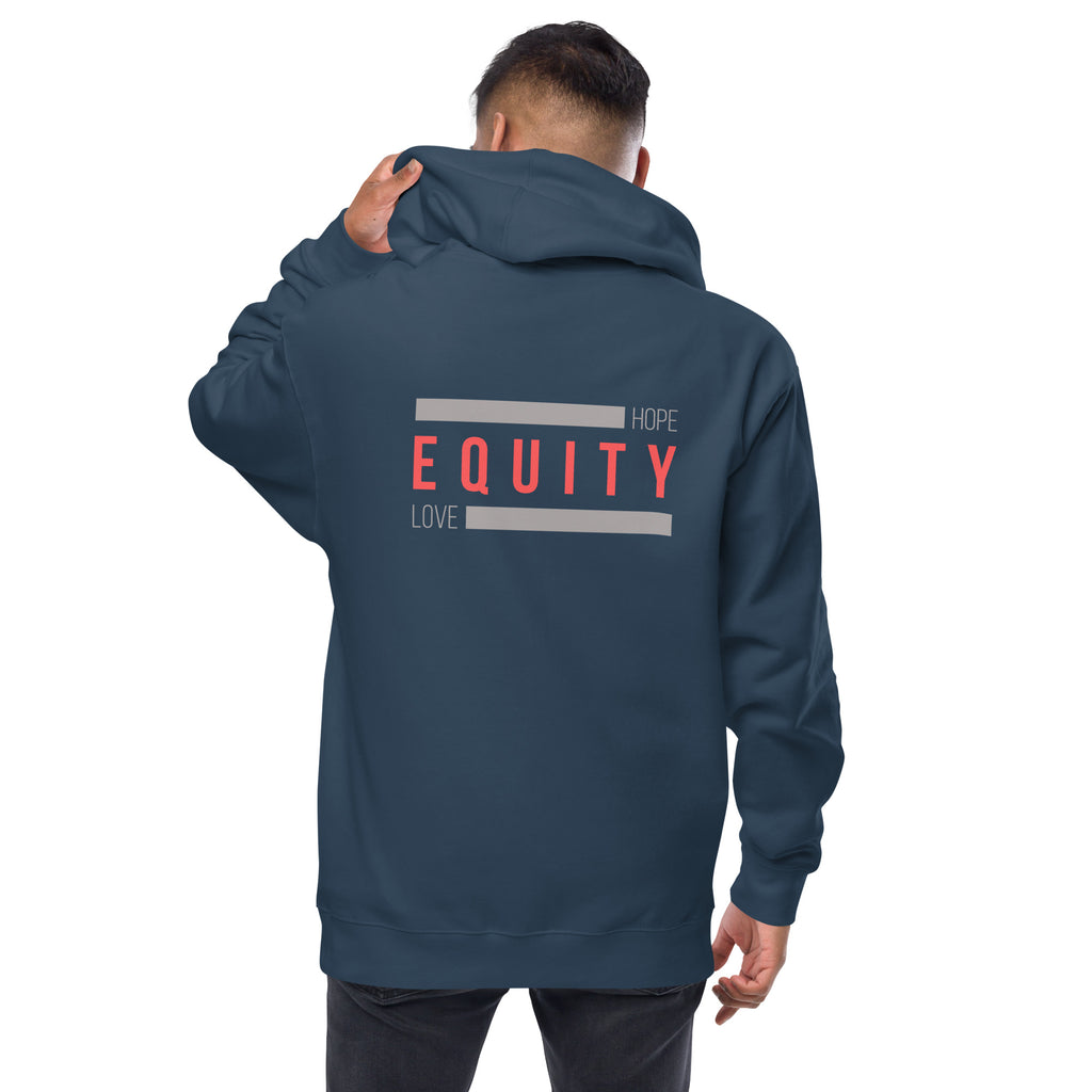 A navy unisex Equity zip up hoodie. In the middle of the back of the hoodie, between the shoulders, is the word 'Equity' in upper case red letters. Above and below the word are two thick grey rectangle blocks with the word HOPE printed on the top right-hand side and the word LOVE on the bottom left side of the block. The hoodie is worn by a male model.