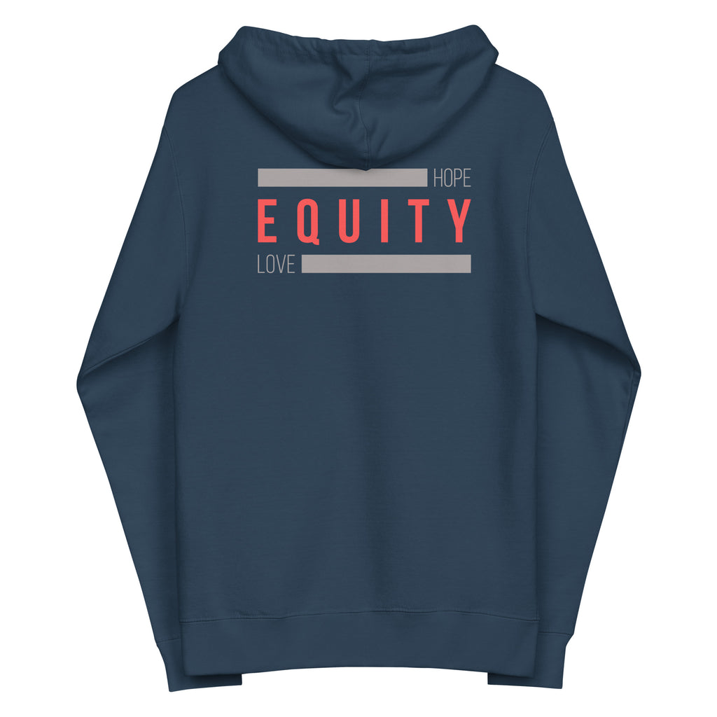 A navy unisex Equity zip up hoodie. In the middle of the back of the hoodie, between the shoulders, is the word 'Equity' in upper case red letters. Above and below the word are two thick grey rectangle blocks with the word HOPE printed on the top right-hand side and the word LOVE on the bottom left side of the block.
