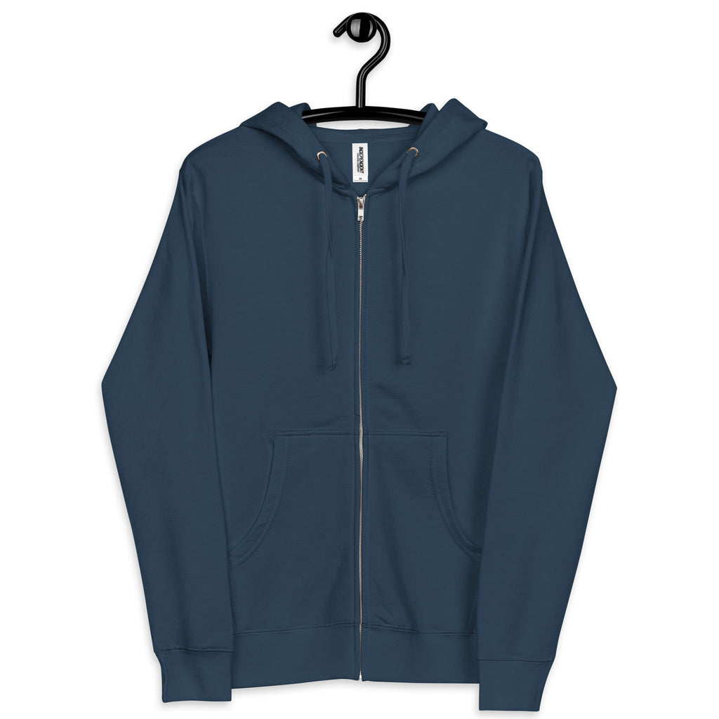 The plain front of a white unisex Equity zip-up hoodie. The hoodie is a solid color and has no designs or branding.