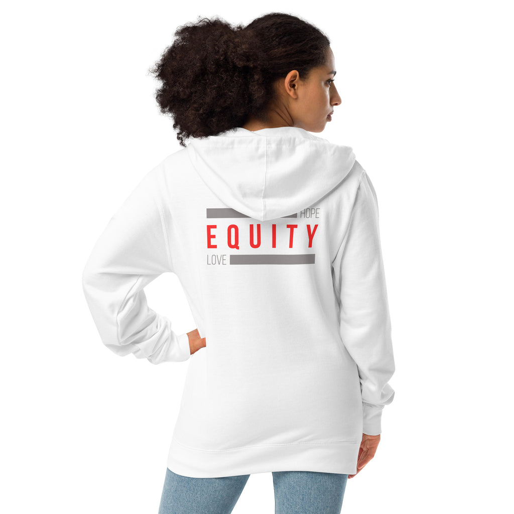 A white unisex Equity zip up hoodie. In the middle of the back of the hoodie, between the shoulders, is the word 'Equity' in upper case red letters. Above and below the word are two thick grey rectangle blocks with the word HOPE printed on the top right-hand side and the word LOVE on the bottom left side of the block. The hoodie is worn by a female model.