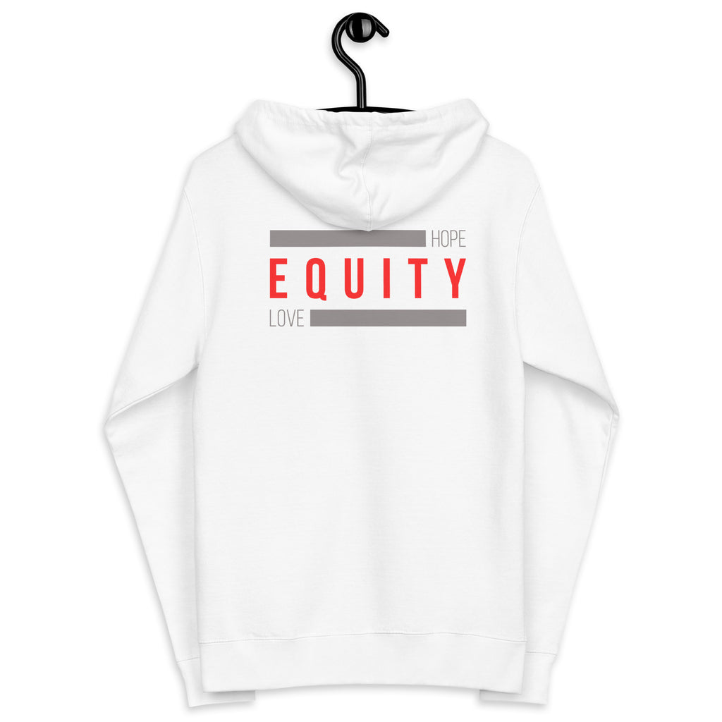 A white unisex Equity zip up hoodie. In the middle of the back of the hoodie, between the shoulders, is the word 'Equity' in upper case red letters. Above and below the word are two thick grey rectangle blocks with the word HOPE printed on the top right-hand side and the word LOVE on the bottom left side of the block. The hoodie is displayed on a black hanger.