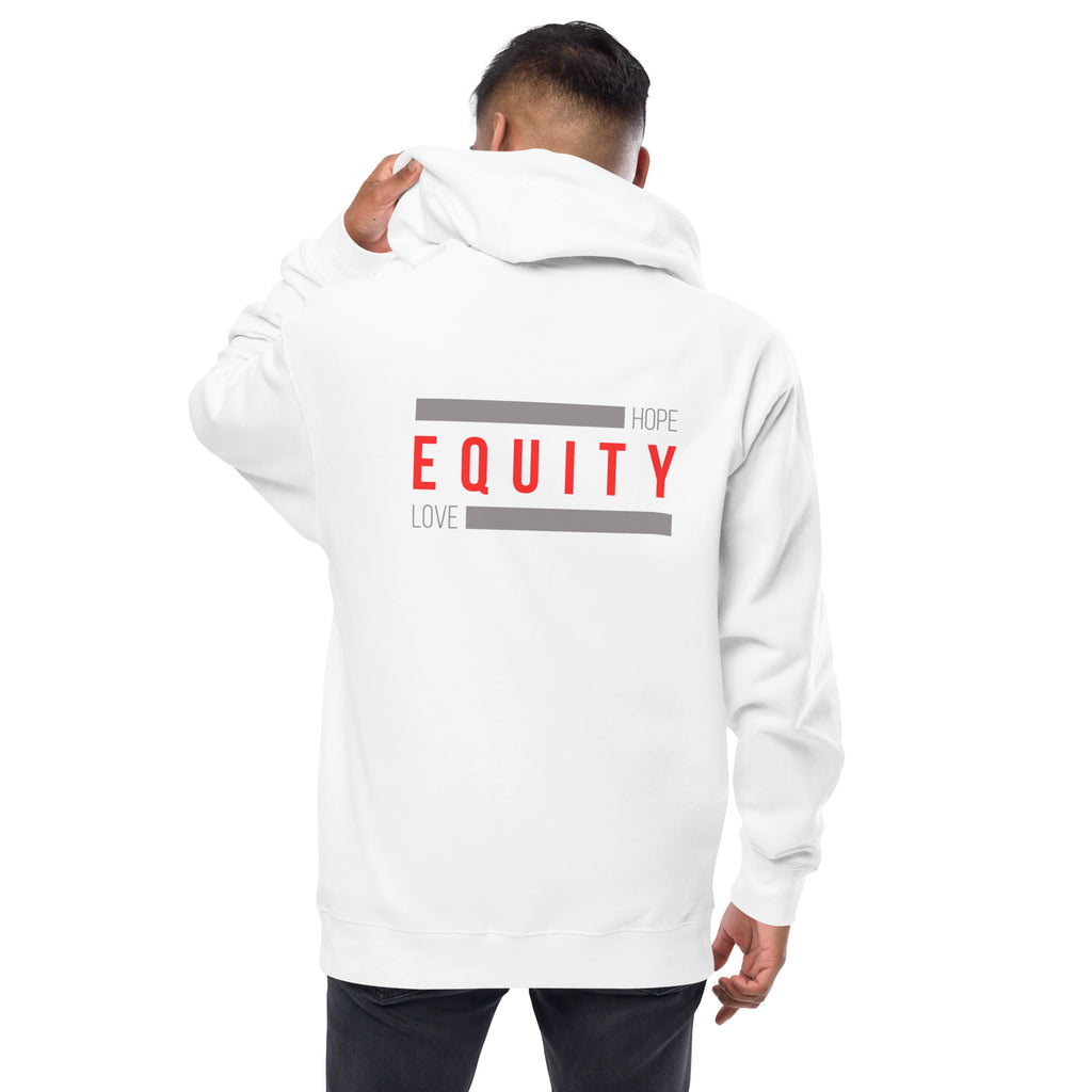 A white unisex Equity zip up hoodie. In the middle of the back of the hoodie, between the shoulders, is the word 'Equity' in upper case red letters. Above and below the word are two thick grey rectangle blocks with the word HOPE printed on the top right-hand side and the word LOVE on the bottom left side of the block. The hoodie is worn by a male model.