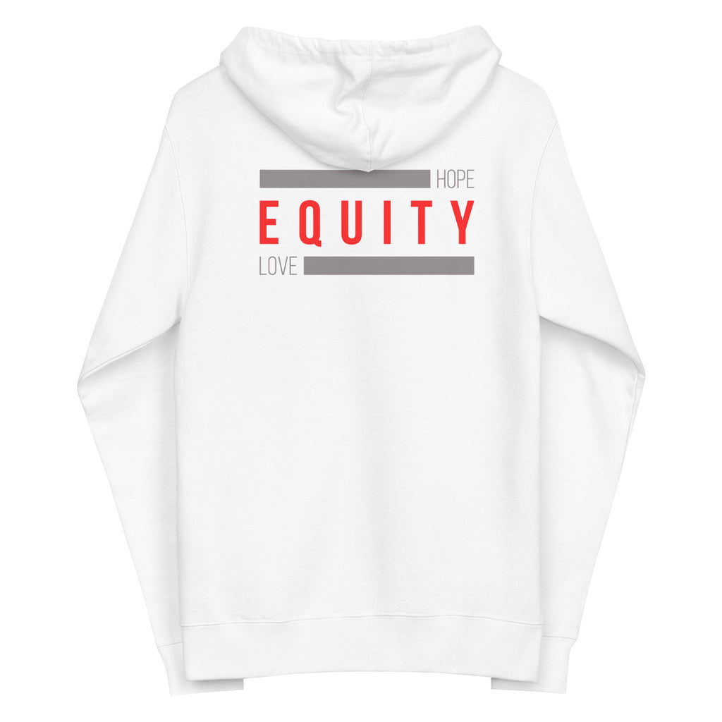 A white unisex Equity zip up hoodie. In the middle of the back of the hoodie, between the shoulders, is the word 'Equity' in upper case red letters. Above and below the word are two thick grey rectangle blocks with the word HOPE printed on the top right-hand side and the word LOVE on the bottom left side of the block.