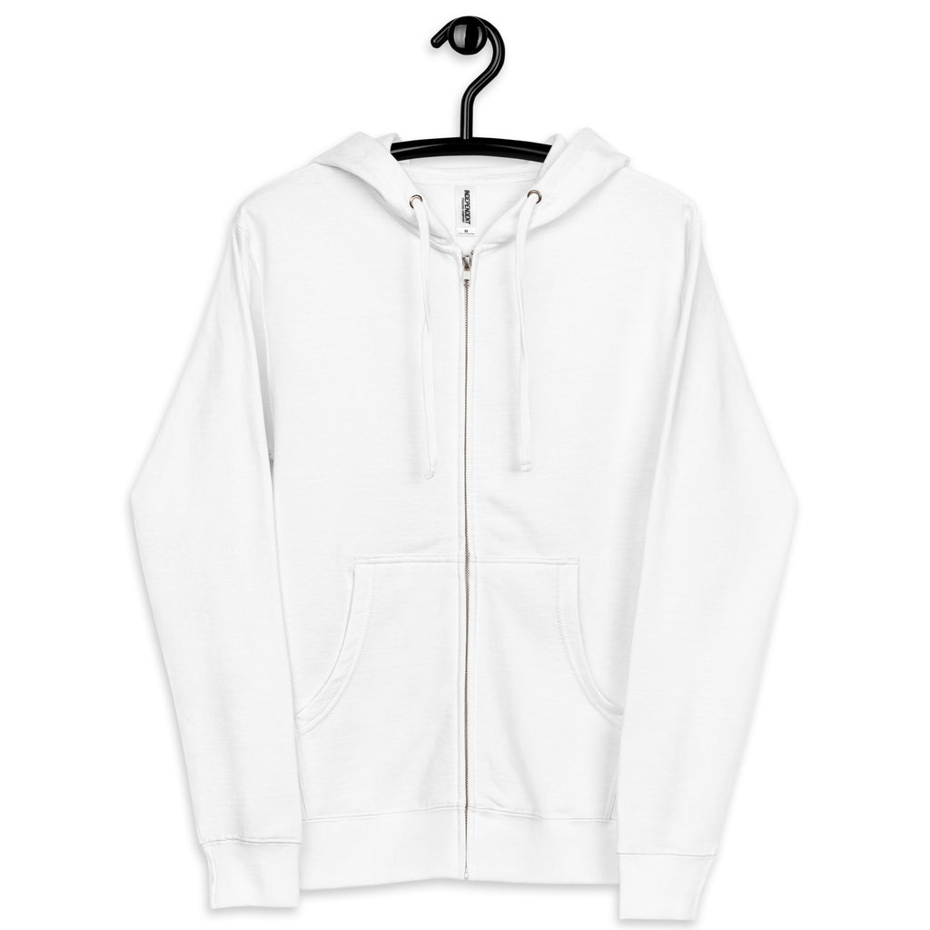 The plain front of a white unisex Equity zip-up hoodie. The hoodie is a solid color and has no designs or branding.